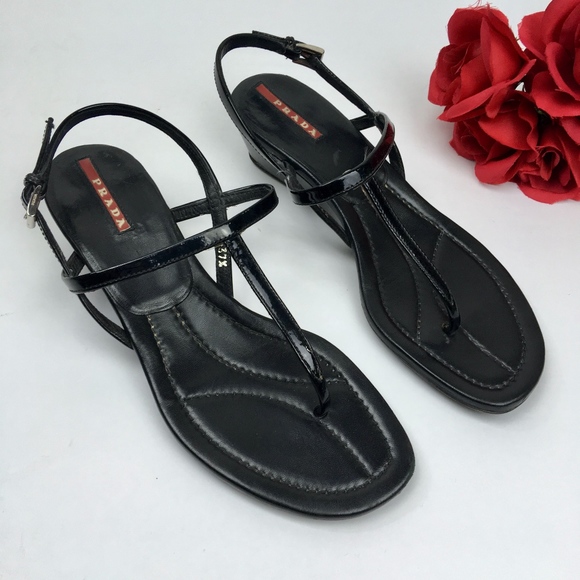Prada Shoes - PRADA Black LEATHER T-strap Sandals Size 7.5